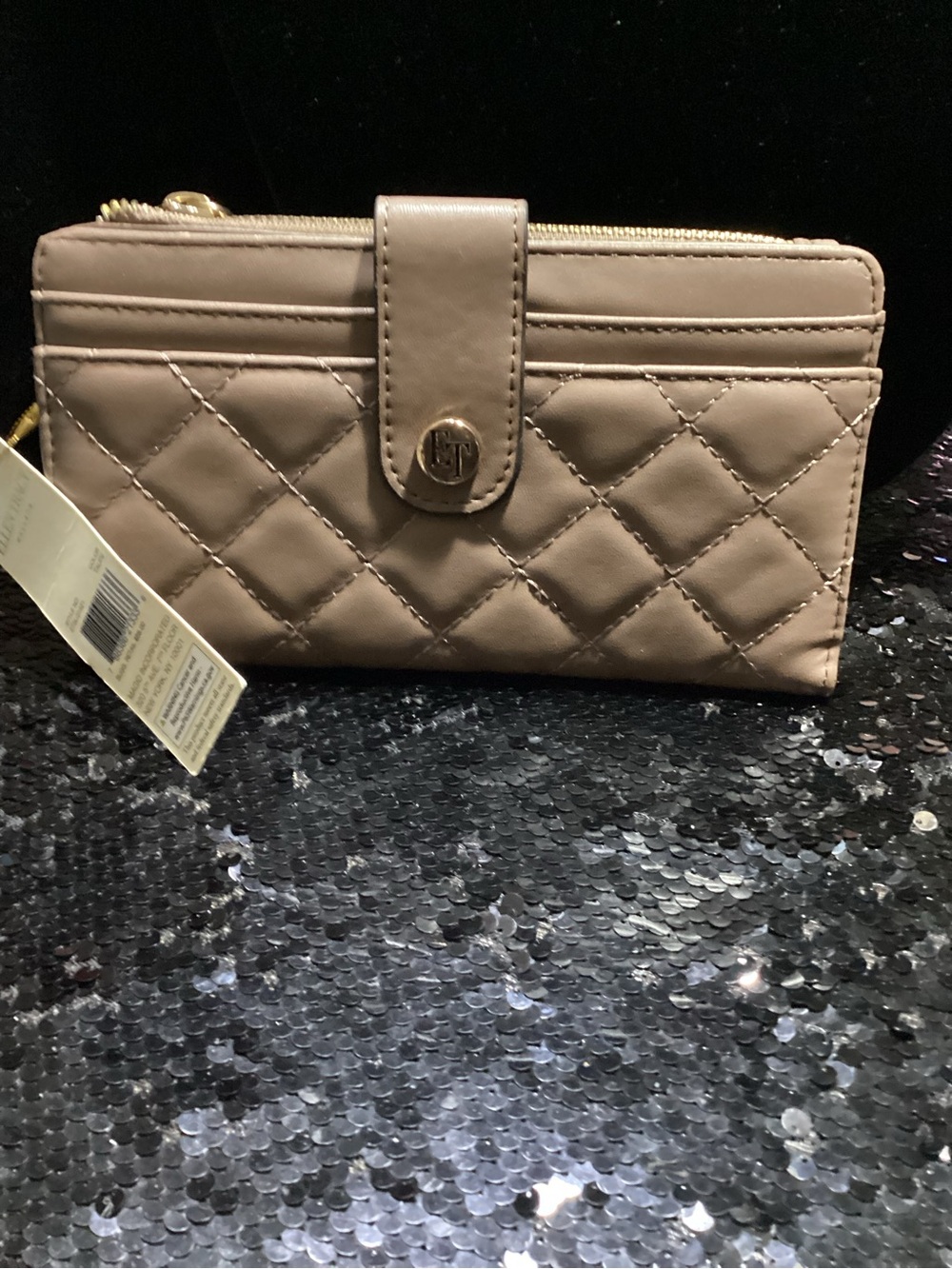 Ellen Tracy Quilted Wallet in Taupe with Gold Hardware
